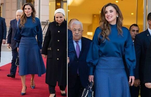 Queen Rania of Jordan chic in a teal midi skirt as she visits Cairo