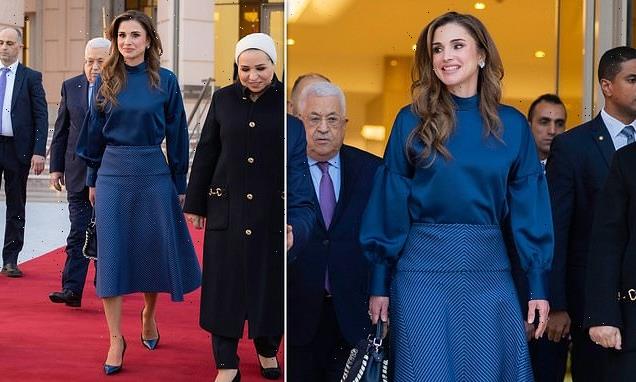 Queen Rania of Jordan chic in a teal midi skirt as she visits Cairo
