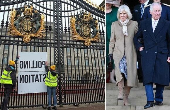 Republican activists unveil polling station sign at Buckingham Palace