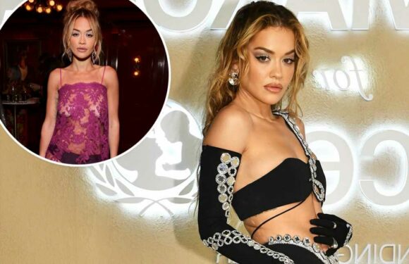 Rita Ora steps out in completely sheer lace dress