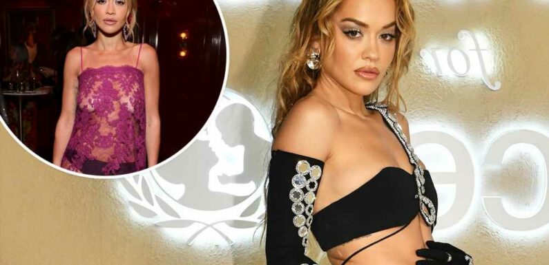 Rita Ora steps out in completely sheer lace dress