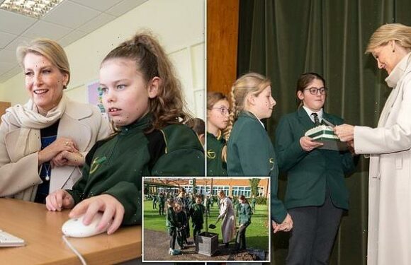 Sophie Wessex beams as she visits a Surrey junior school