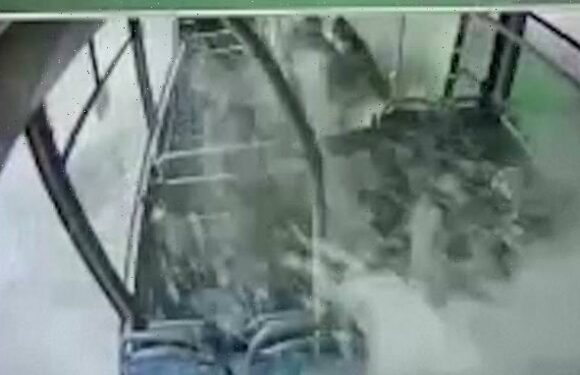 Terrifying moment bus careers into lake and fills with water in Turkey