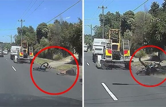 Terrifying moment cyclist is knocked to the ground by truck