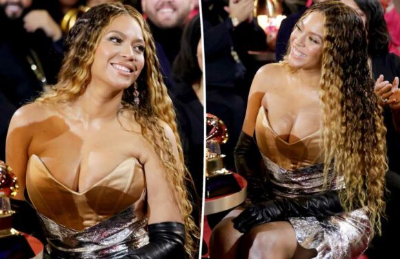 Beyoncé arrives fashionably late to the 2023 Grammys in metallic gown