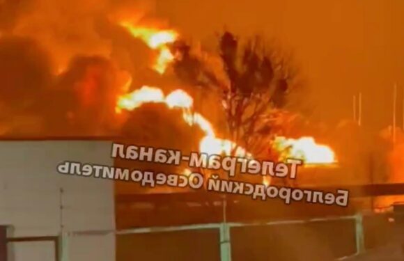 Massive explosion & huge 170ft inferno rips through Russian factory after 'shelling attack' by Ukraine | The Sun
