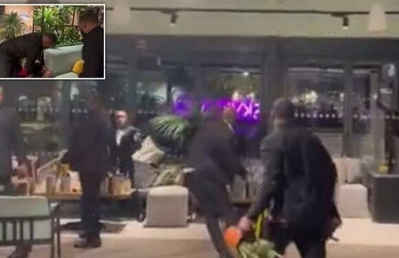 Moment men in suits start throwing punches and plant pots in fight