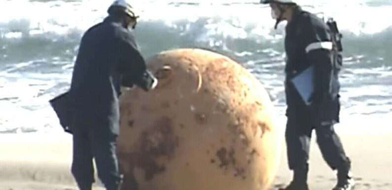 Mysterious metal ball washes up on beach in Japan