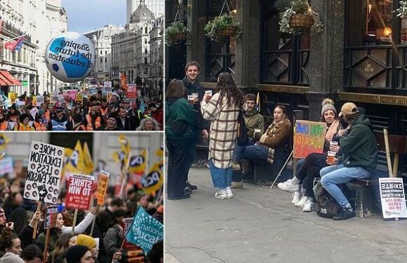Now for the pub! Striking teachers knock back pints after day's strike