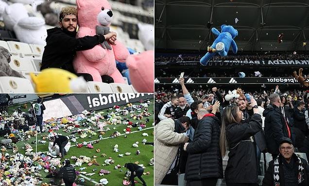 Teddies for Turkey: Football fans toss toys onto pitch during match