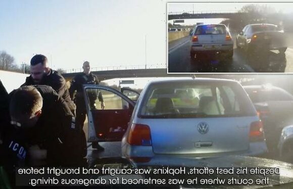 Watch as reckless driver rams into police cars during 100mph pursuit