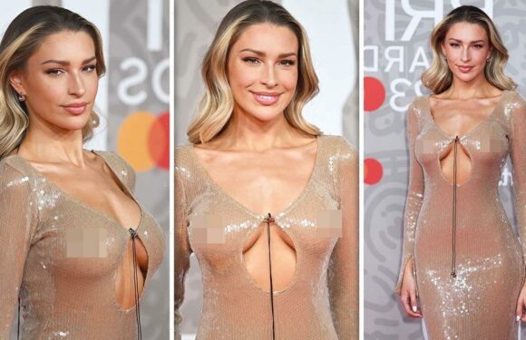 Zara McDermott has wardrobe malfunction in sheer nude gown at Brits