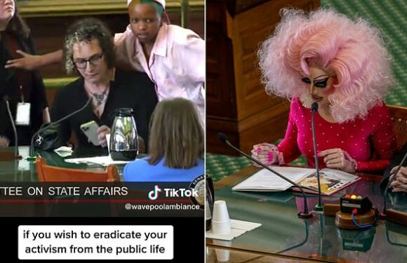 Activist BLOCKS Texas sergeant at arms as trans woman makes Hitler jab