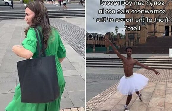 Angry woman confronts a male ballerina for performing next to church