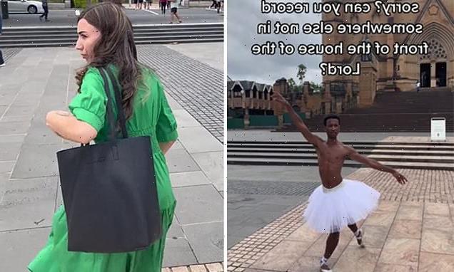 Angry woman confronts a male ballerina for performing next to church