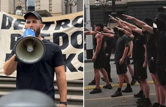 Confronting moment thugs throw Hitler salutes on busy Melbourne street