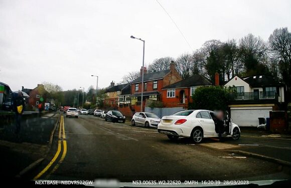 Mercedes driver red-faced after getting stranded on crossing island