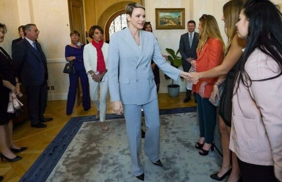 Princess Charlene dons dusty blue Akris suit – looks very chic