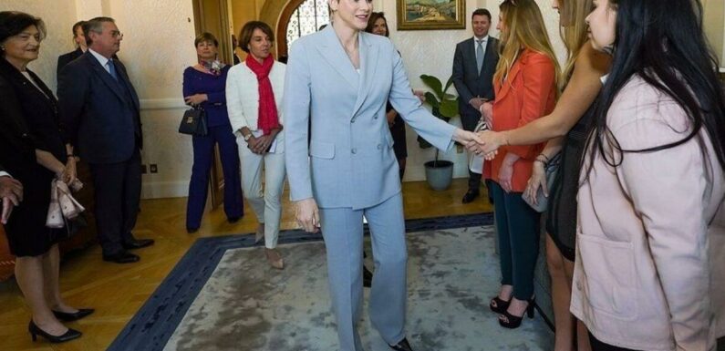 Princess Charlene dons dusty blue Akris suit – looks very chic