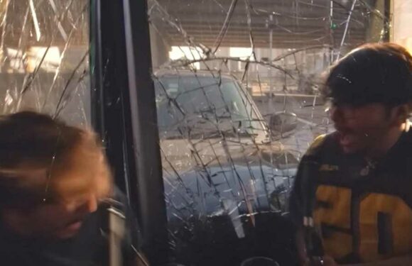 Scary Moment Truck Crashes Into Cafe as Podcasters Record