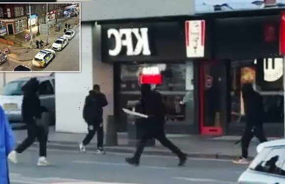 Shocking moment machete-wielding thugs slash at each other in Leeds