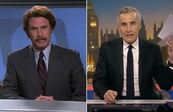 Sky News anchorman Dermot Murnaghan playfully mimics Will Ferrell