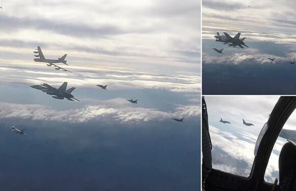 US B-52 bombers are flanked by NATO allies in the skies over Europe