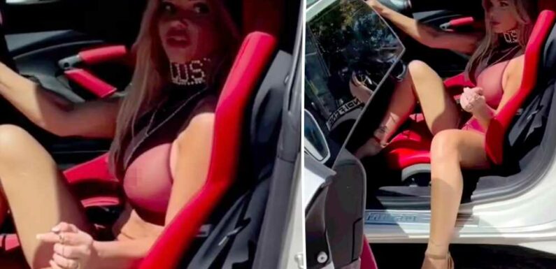 Baywatch babe Donna DErrico, 55, models fiery red lingerie in a Ferrari