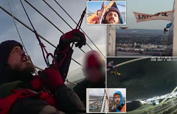 Just Stop Oil eco zealot sings protest song to police on bridge