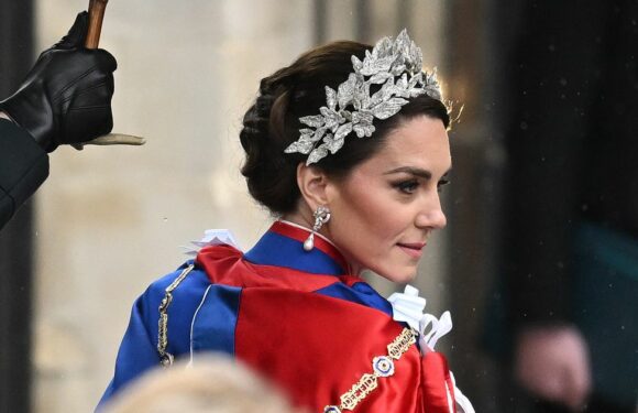 Kate Middleton’s Coronation hair details including floral headpiece and intricate bun