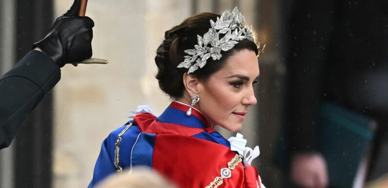 Kate Middleton’s Coronation hair details including floral headpiece and intricate bun