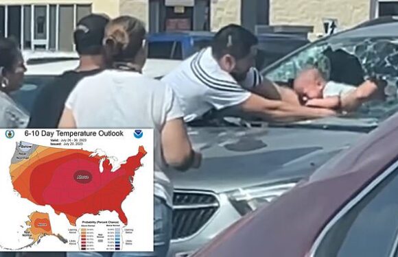 Bystanders frantically smash car windows and pull baby to safety
