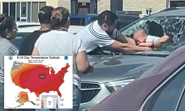 Bystanders frantically smash car windows and pull baby to safety