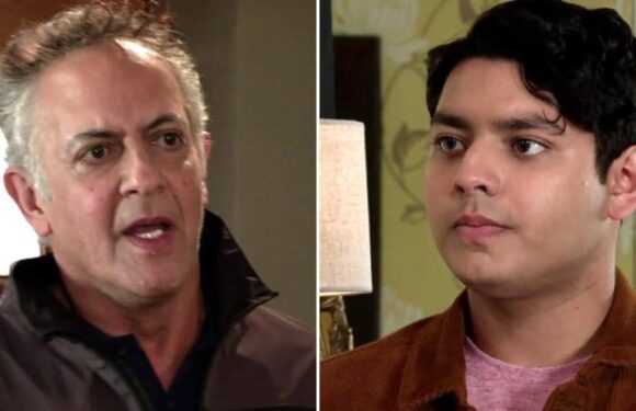 Dev walks into his son's awkward sex situation in Corrie video