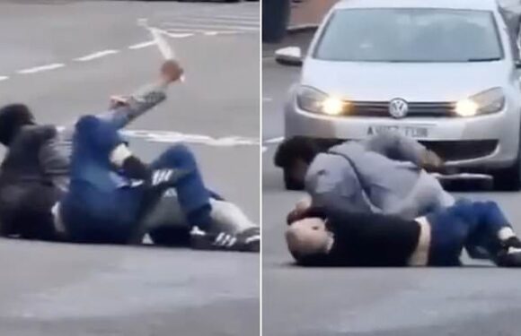 Dramatic moment man wrestles with knife-wielding thug