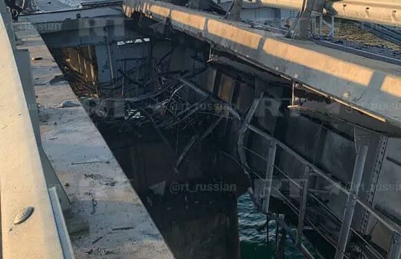 Massive explosions blow up and collapse Putin's beloved Crimea Bridge in 'kamikaze drone attack' by Ukraine | The Sun