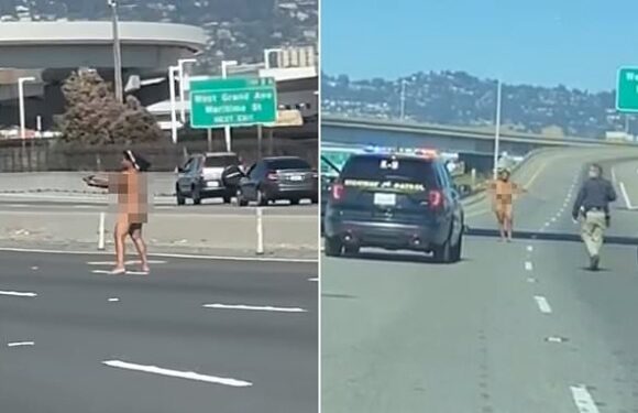 Moment NAKED woman opens fire on drivers