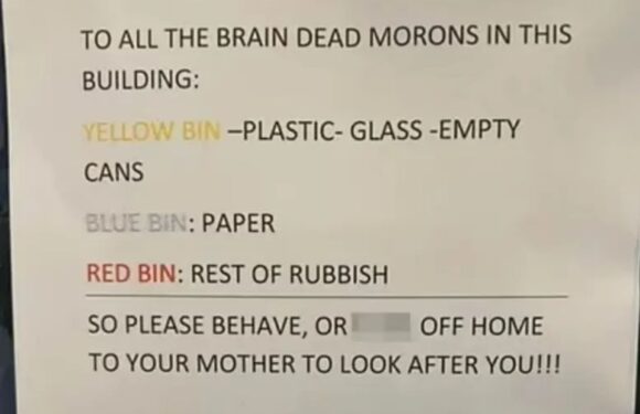 Neighbour branded a 'Karen' over note to 'brain dead morons' putting rubbish in wrong bin – but not everyone agrees | The Sun