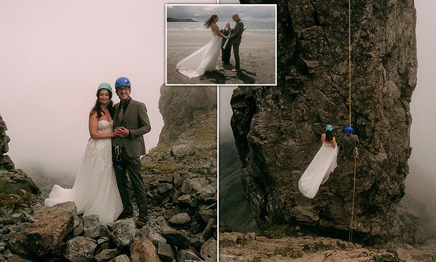 Newlyweds scale notorious 3,000ft peak in full wedding attire