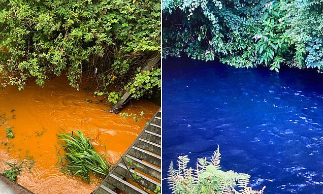 Part of the River Trent has turned electric blue and bright orange