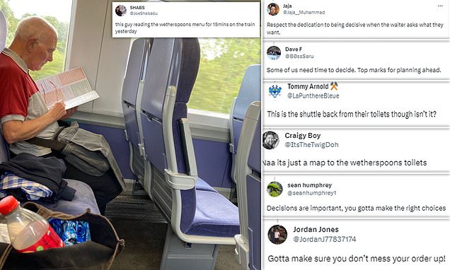 Pub fan is spotted reading the Wetherspoons menu while on the train