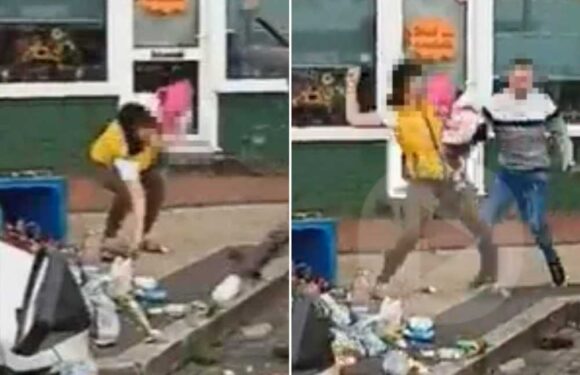 Shocking moment woman hurls bottles as she holds baby in horrifying street brawl | The Sun