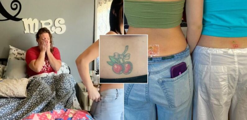 Sisters shock mum by copying her cherry 'tramp stamp': 'The family seal'