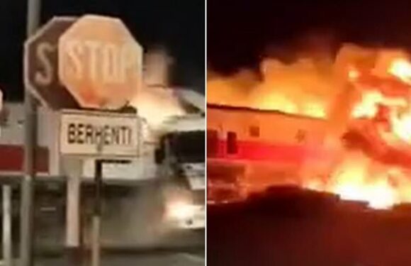 Truck explodes in a fireball after being slammed by a train