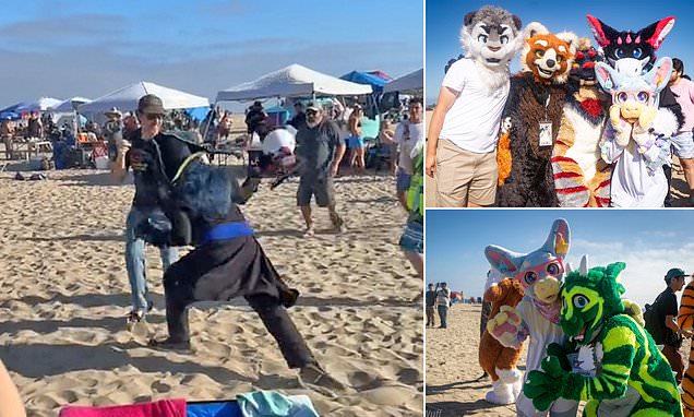 Bizarre moment man is attacked by FURRY in Huntington Beach