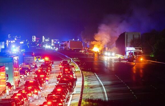 Car overturns and bursts into flames in horror M4 crash