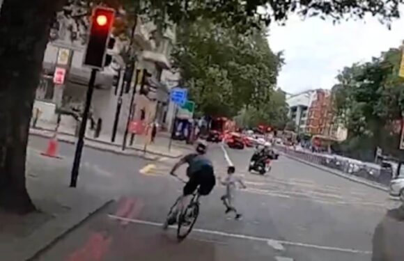 Cycling menace ploughs into elderly woman and nearly hits a child