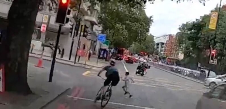 Cycling menace ploughs into elderly woman and nearly hits a child