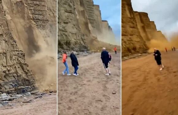 Dramatic moment beachgoers cheat death as cliff collapses