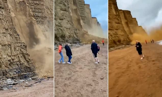 Dramatic moment beachgoers cheat death as cliff collapses